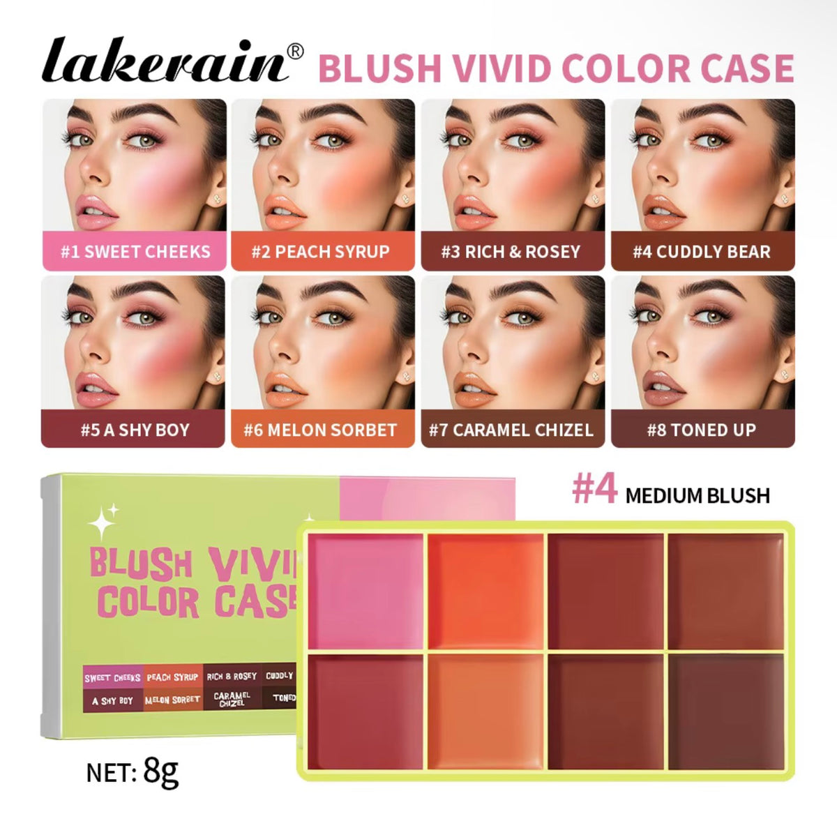Lakerain Pigment Private Label Vegan Glow 2 in 1 Blusher Makeup Powder Cream Blush 8 Colors Highlighter Blush
Contour Palette