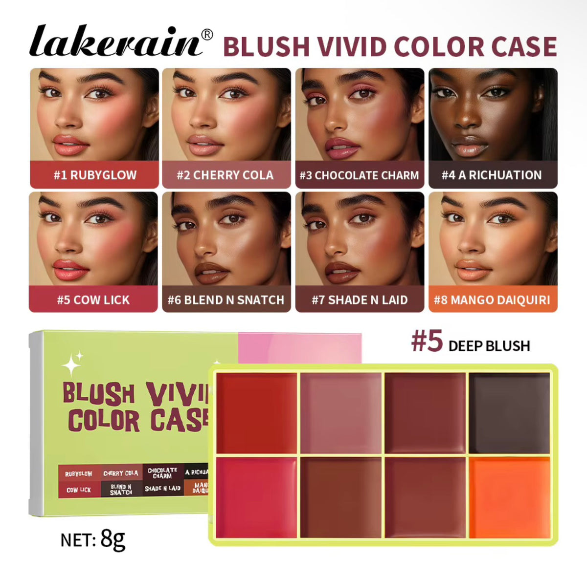 Lakerain Pigment Private Label Vegan Glow 2 in 1 Blusher Makeup Powder Cream Blush 8 Colors Highlighter Blush
Contour Palette