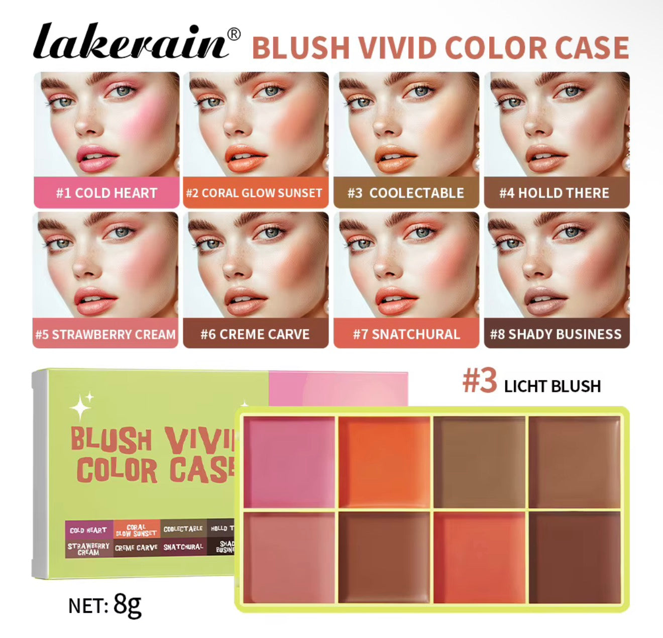 Lakerain Pigment Private Label Vegan Glow 2 in 1 Blusher Makeup Powder Cream Blush 8 Colors Highlighter Blush
Contour Palette
